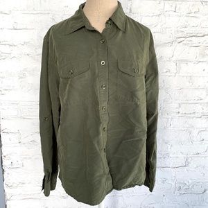 Button up shirt olive green medium collared long sleeve top
